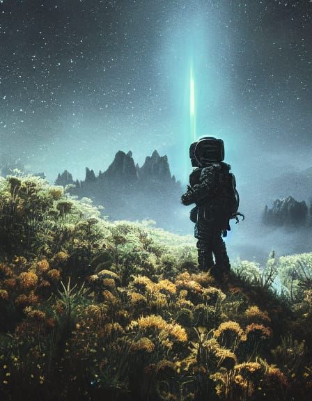 A lone astronaut tending to a bioluminescent garden on a desolate moon, with Earth a distant, shimmering jewel in the black sky. The garden ...