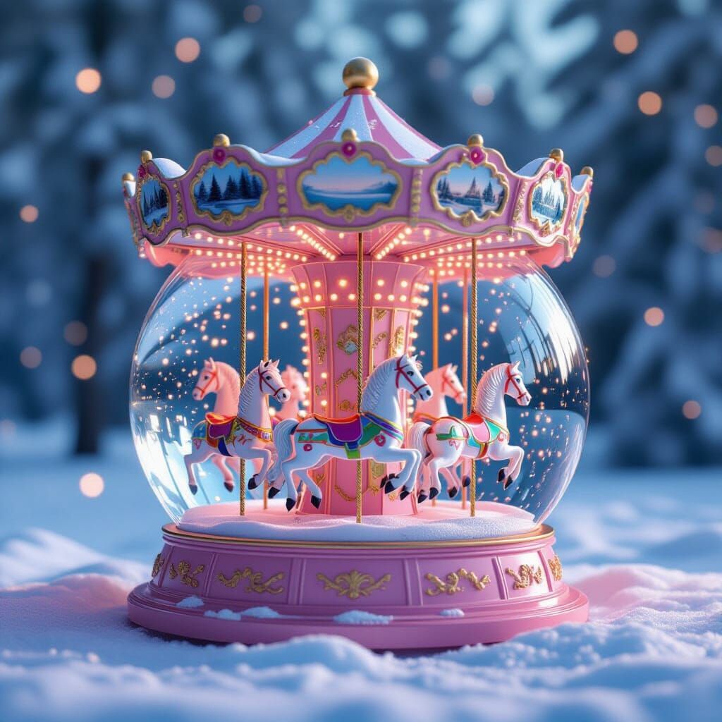 Pink Carousel With Plastic Horses In Snow Globe