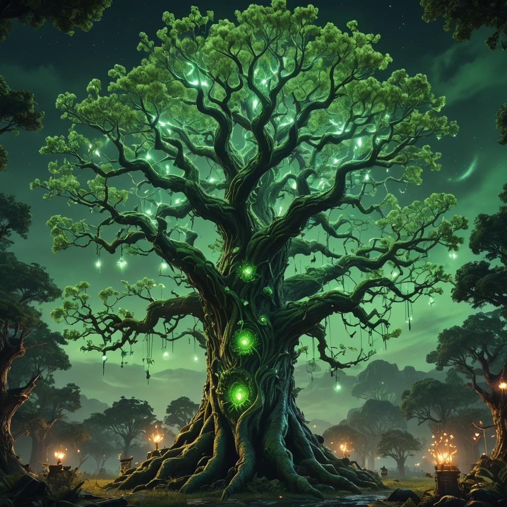 Glowing Poison Spirit Tree at Night: Fantasy Concept Art