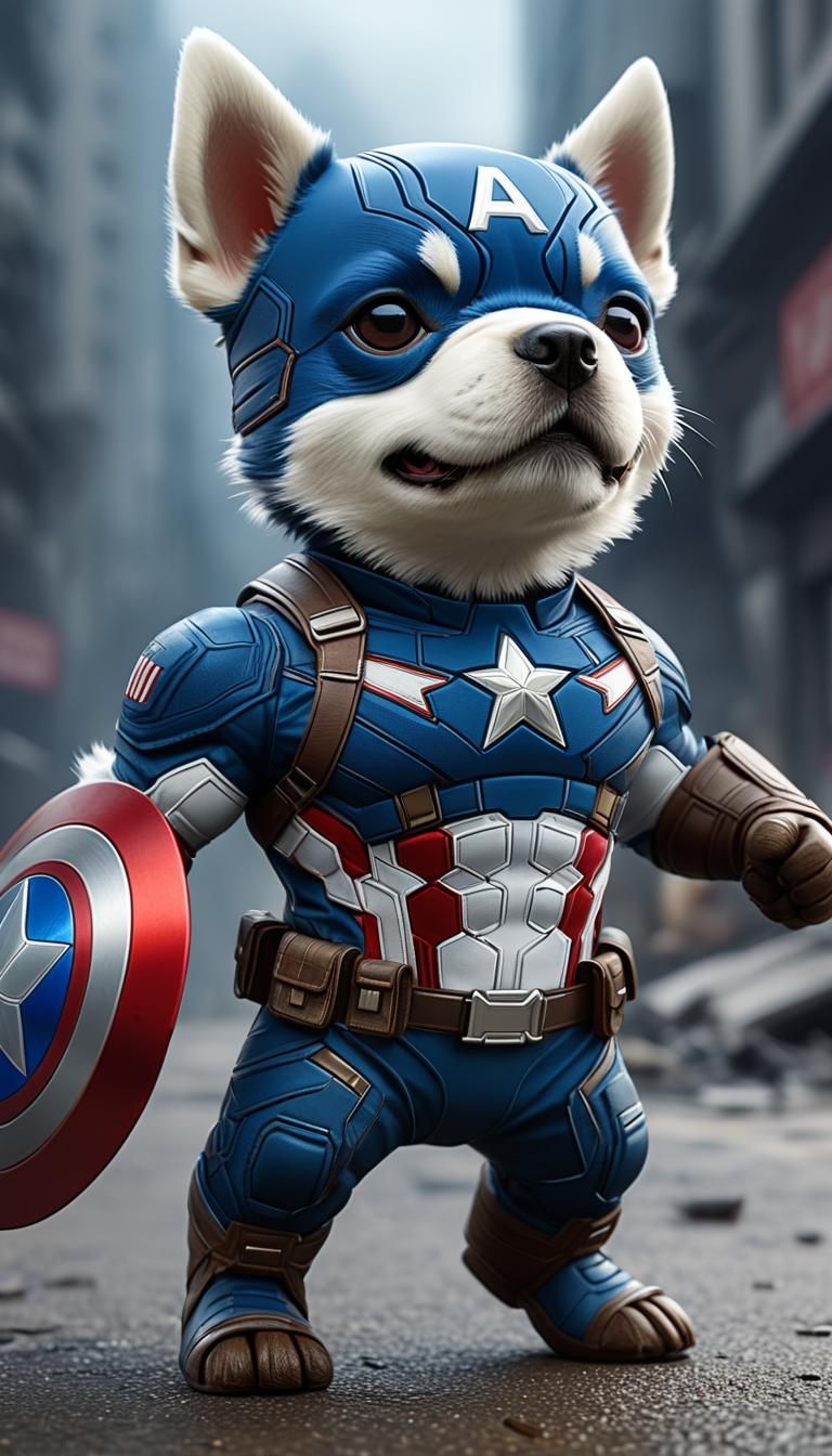 An anthropomorphic dog, in a captain america suit, in the mi...