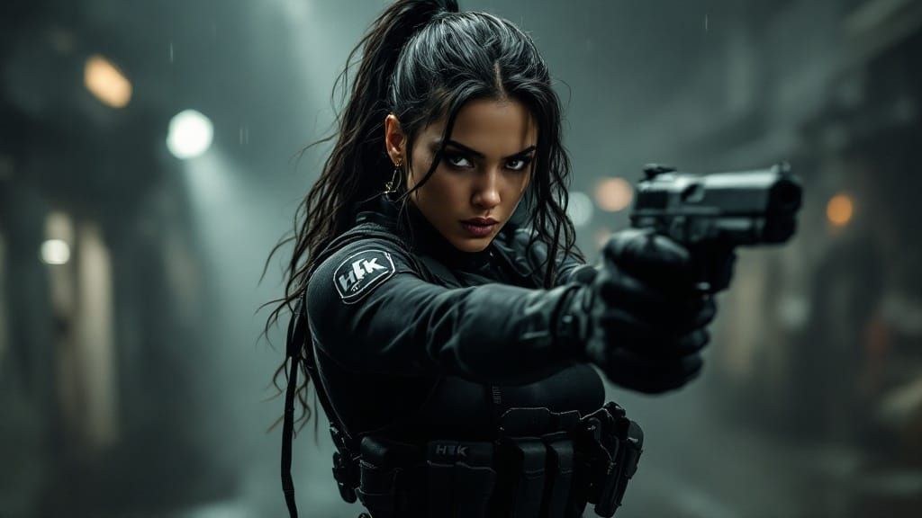 Woman with Pistol in Gritty Cyberpunk Style