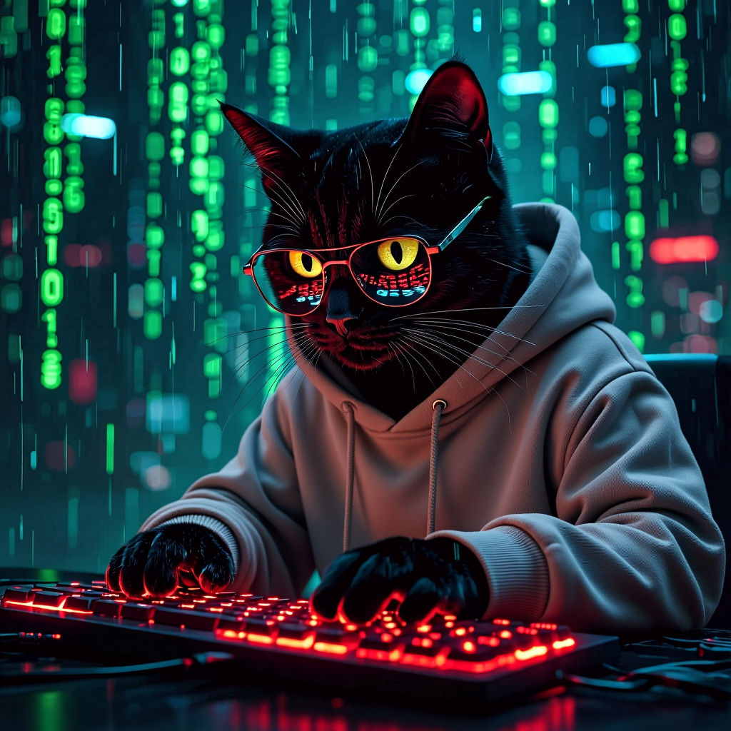 Technomage 2: A black cat wearing steel rimmed glasses and a  dark red hoodie, typing on keyboard, background Matrix movie