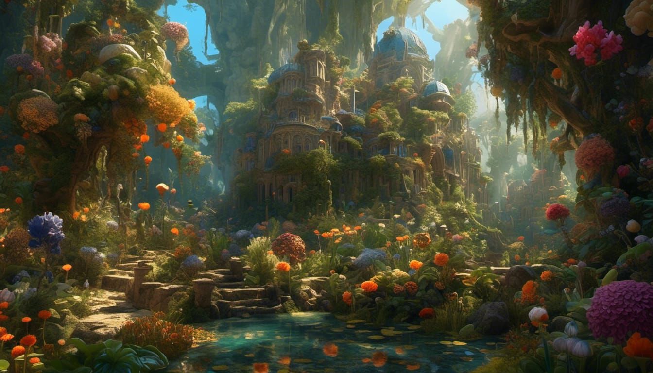 Plants growing wildly among the streets of a forgotten city.