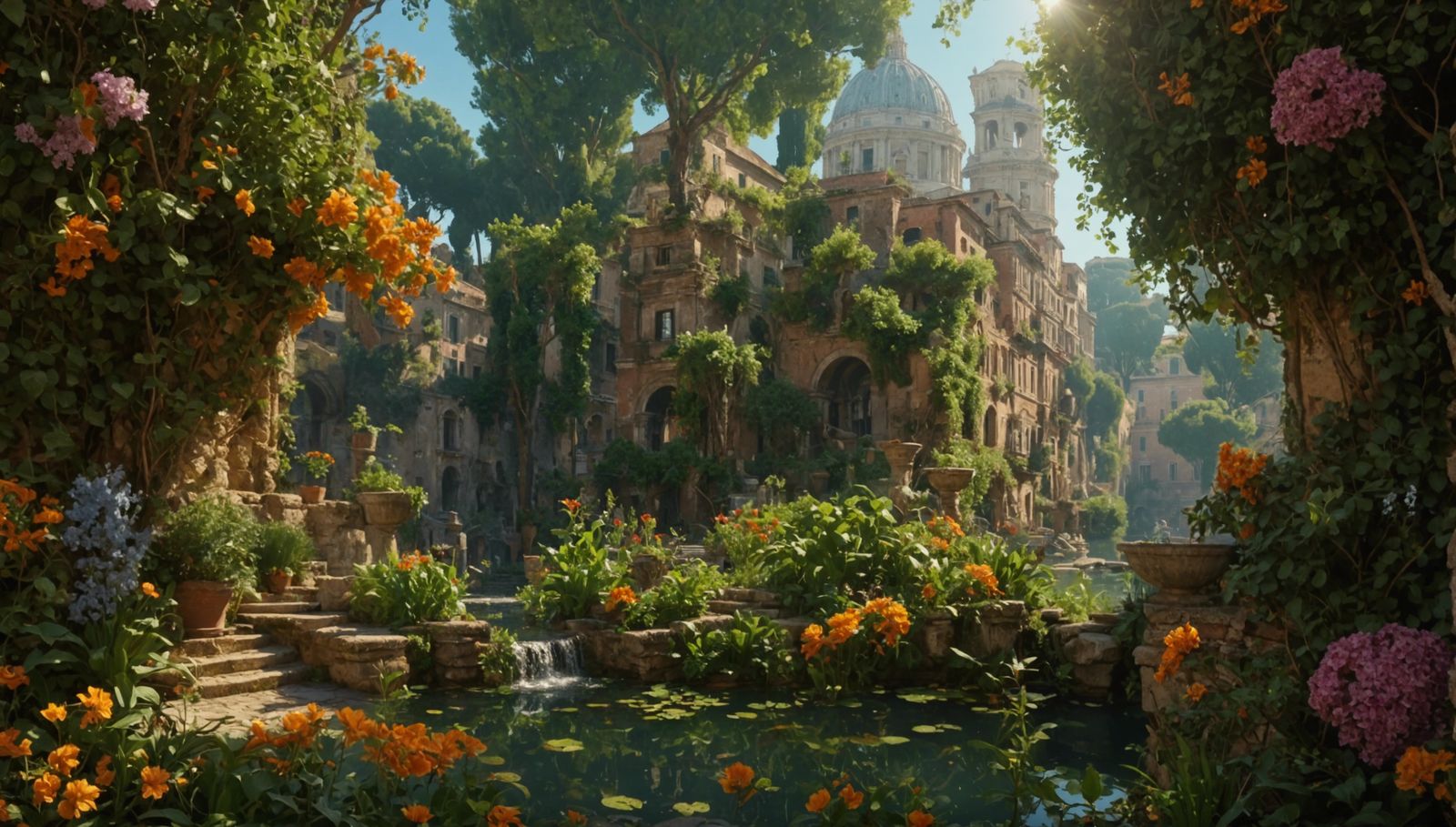 Plants growing wildly among the streets of a forgotten city.