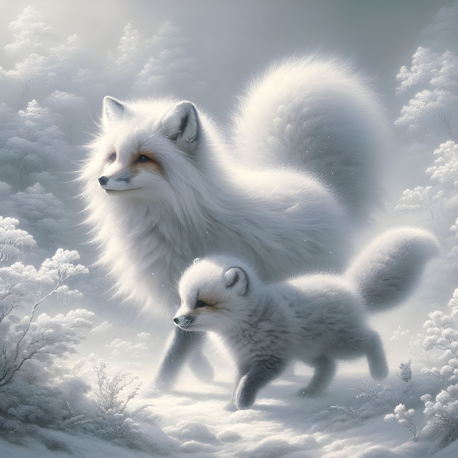 A  fluffy silver fox playing in the snow, with his mommy. High resolution.   by @Irene