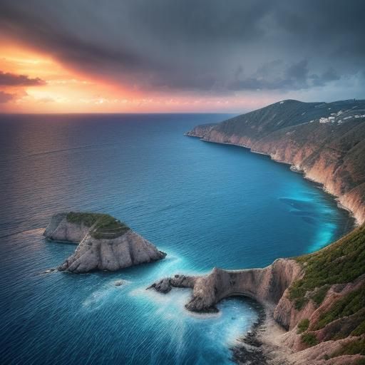 Greek Seascape Sunset with Rainbow, Hyperrealistic Style
