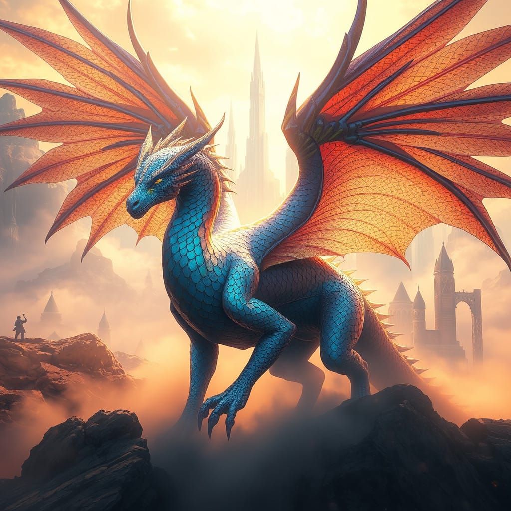 Majestic, Iridescent Creature in High-Fantasy Landscape