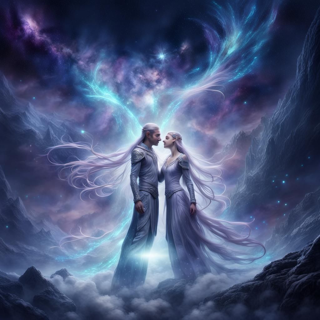 Elven couple in love, floating in space, glowing in radiance, Epic cinematic brilliant stunning intricate meticulously detailed dramatic atm...