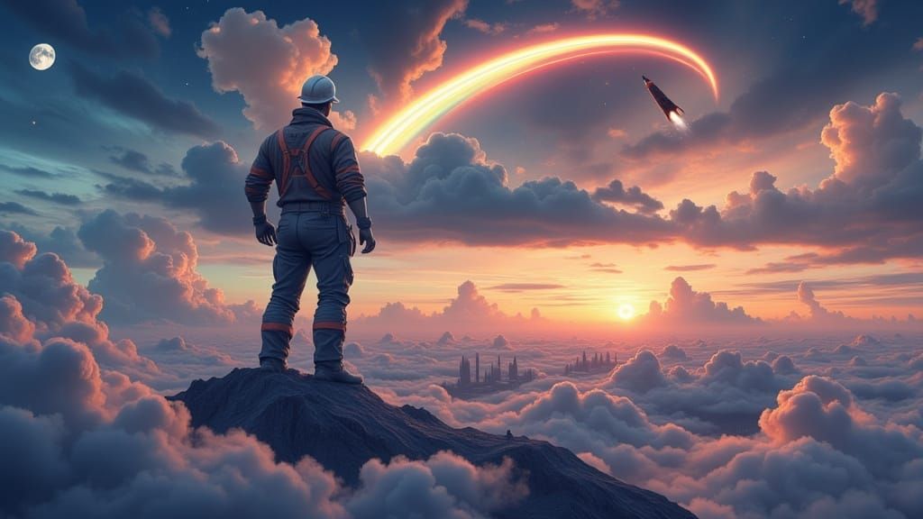 Surreal Dreamscape of Giant Worker and Cloud