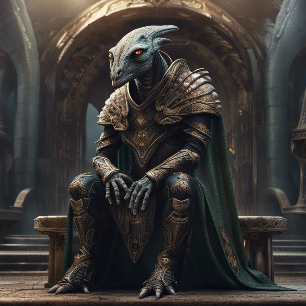 Alien Reptile Mourning in Ceremonial Armor