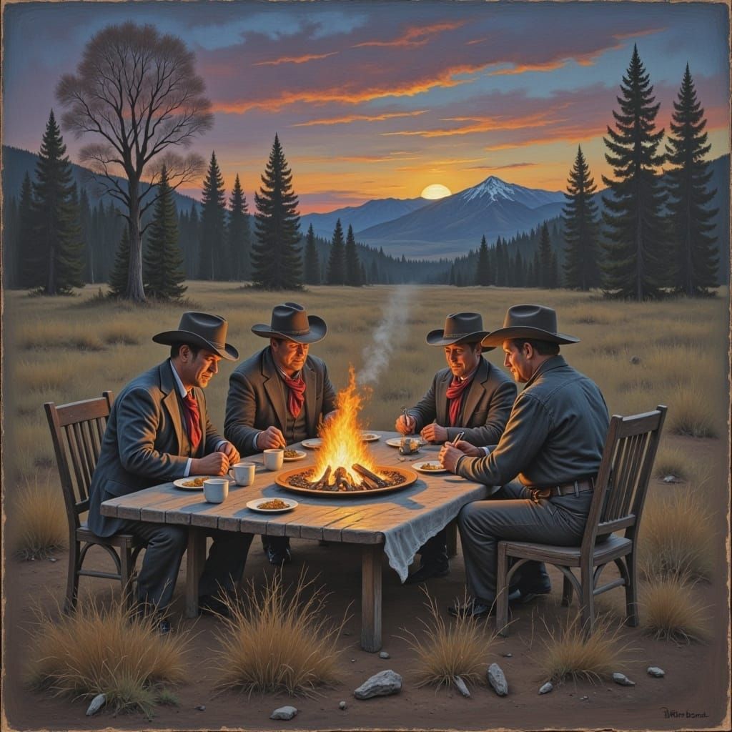  <lora:Chalk Oil Paintings2:1.0> Oil Chalk Painting of Western Settlers eating dinner around a campfire