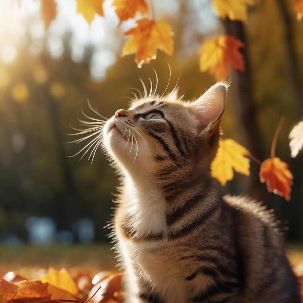 Realistic photo of a kitten sitting looking up as vibrant autumn leaves falling around him. Diffused ...  by @Dee