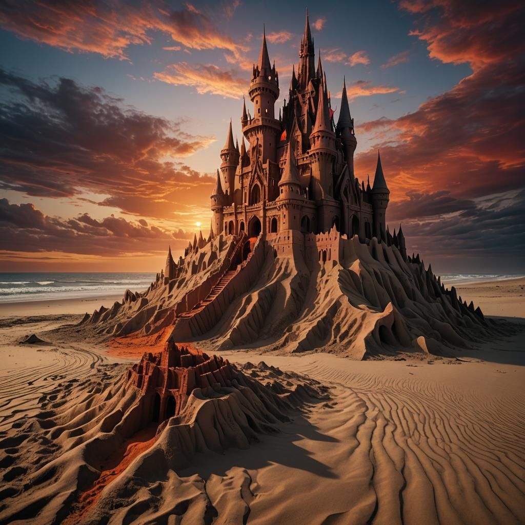 sand castle on an alien beach at sunset  by @undefined