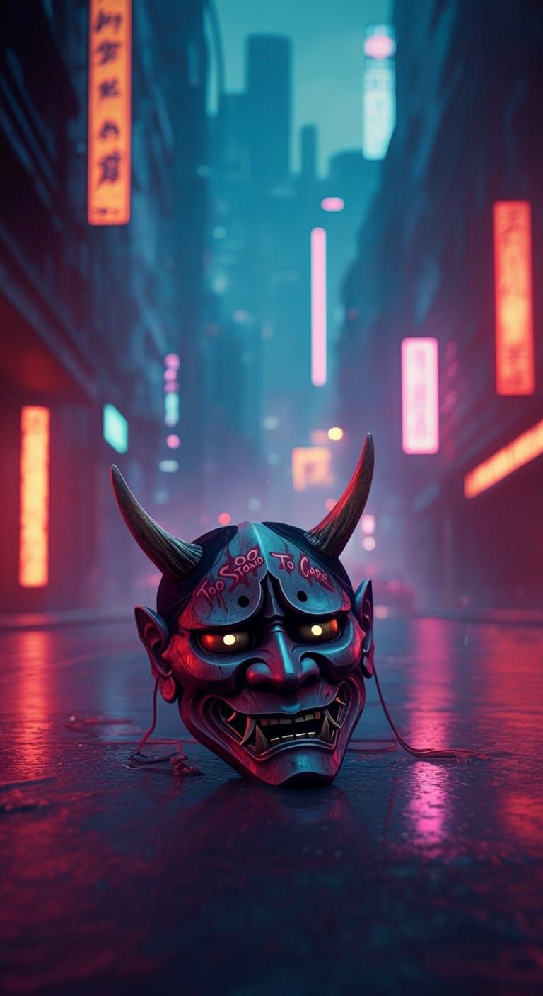 Cyberpunk japanese oni demon mask with horns, sharp focus un...