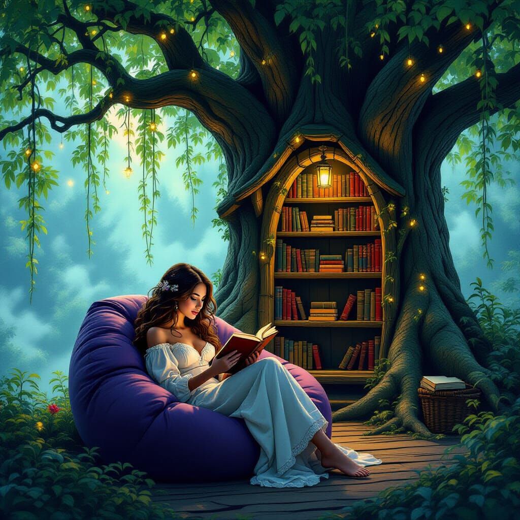 A whimsical treehouse reading nook, built within the branches of an ancient, glowing willow tree. Bookshelves ...  by @Sibut