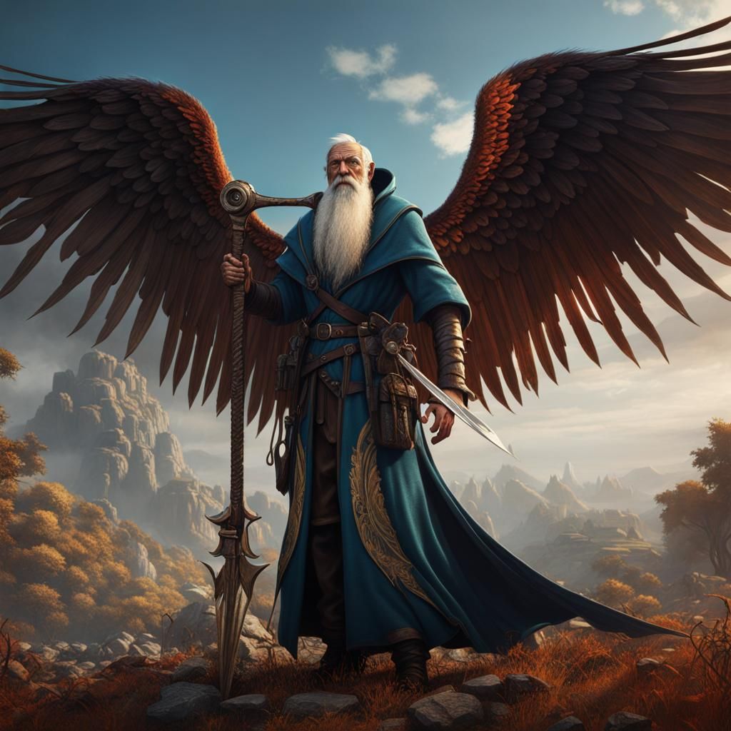 Skinny old man with a pair of wings armed with a scythe