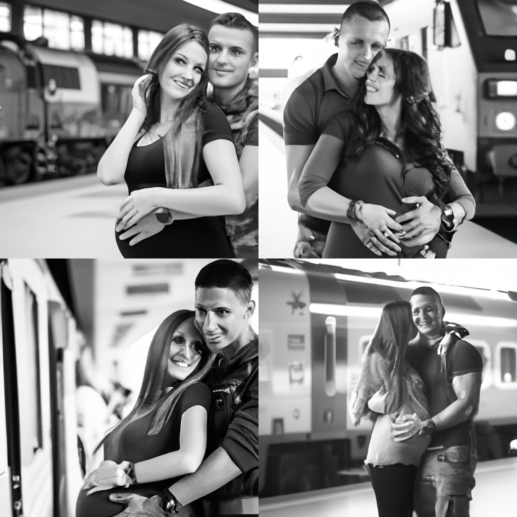 a man and a woman, embracing and smiling, near a train just ...