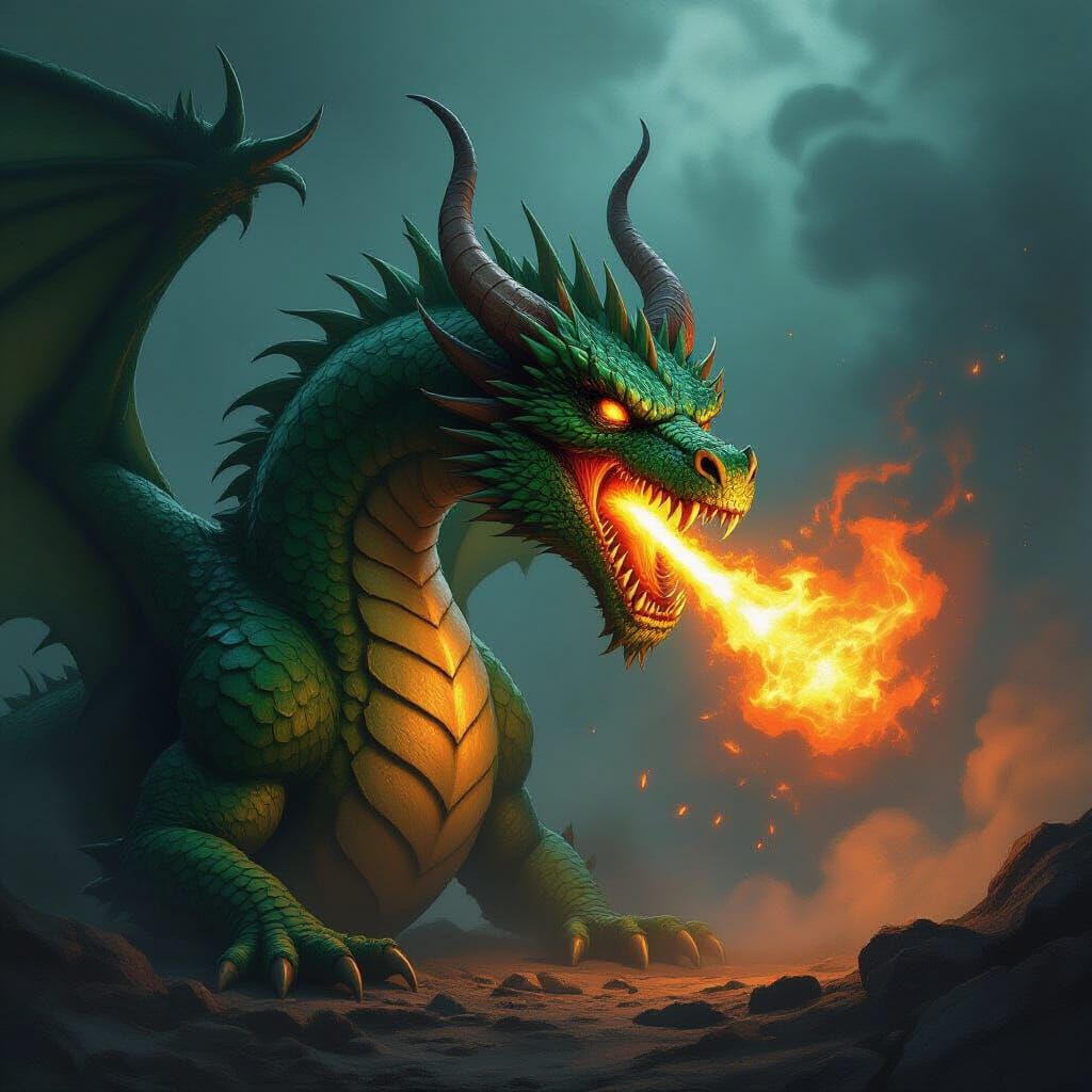 Fearsome Green Dragon Breathing Fire in Dark Fantasy Style