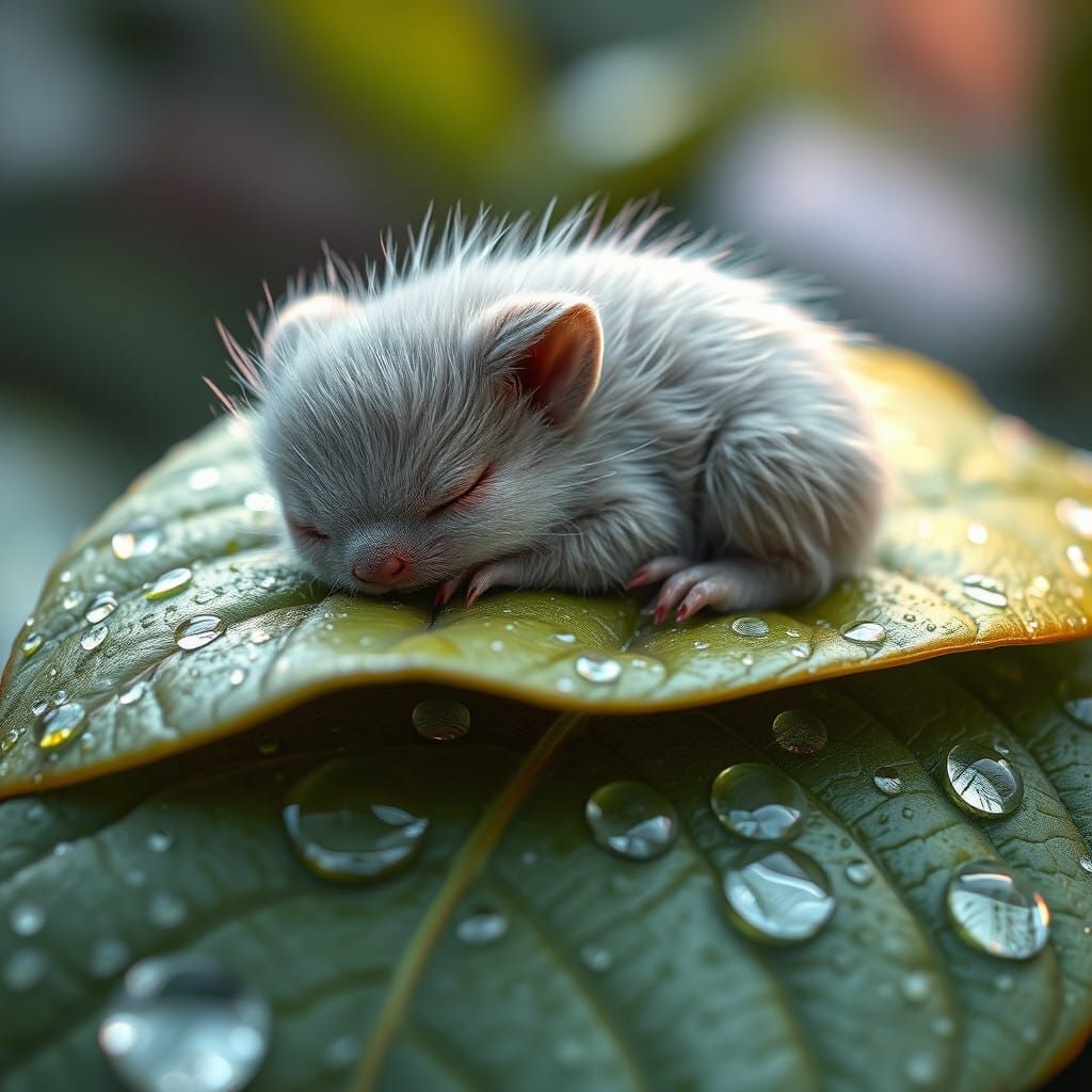 the cutest little fuzzy wuzzy little creature sleeping on a dew covered leaf, ever in existence extremely ...  by @Spearmint