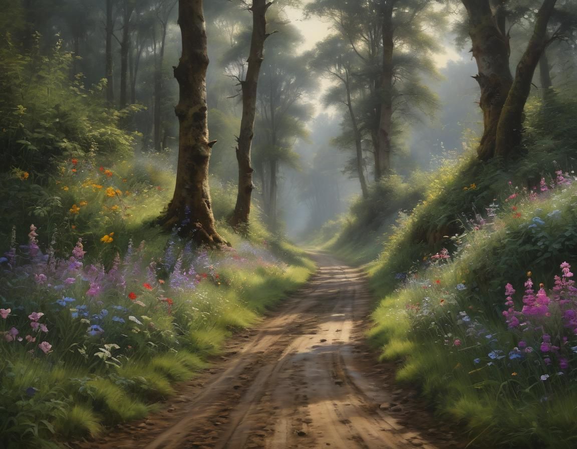 Dirt road at the edge of the forest, wild flowers...
