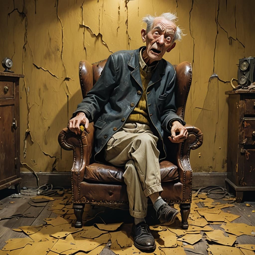Wide Shot of a (((Cartoon figure of a terrified old man, sit...