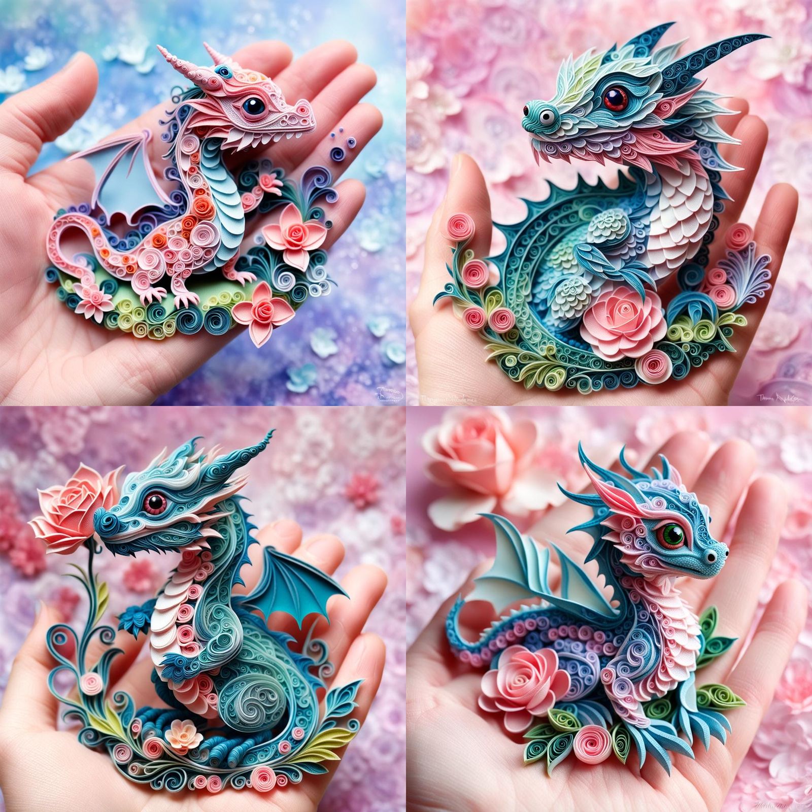 Cute, tiny dragon in a woman's hand. Floral rosy background. Quilling.