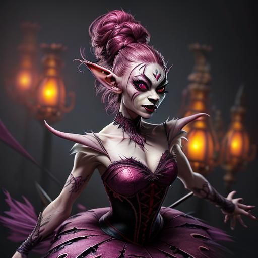 sinister ballerina goblin girl with pink eyes