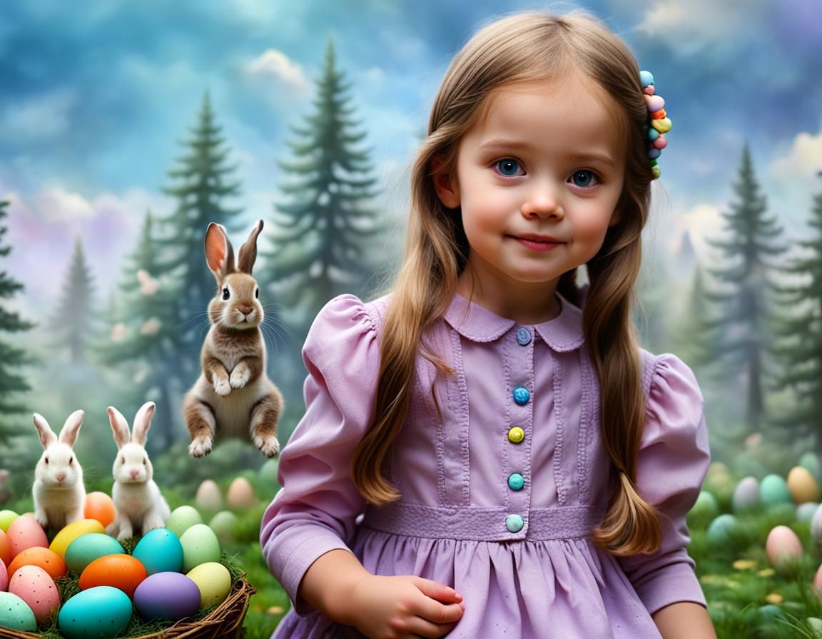 Beautiful little Julia in the forest among colorful eggs and...
