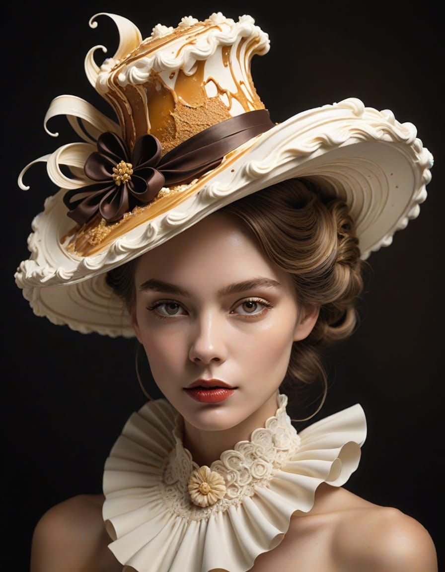headshot portrait of a woman wearing a luxurious whipped cream and meringue hat, full hat visible, enhance dark chocolate ribbons...