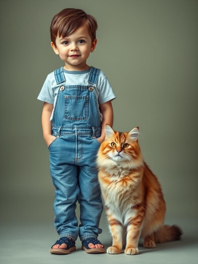 Little boy in overall jeans and a tee-shirt standing with a ...
