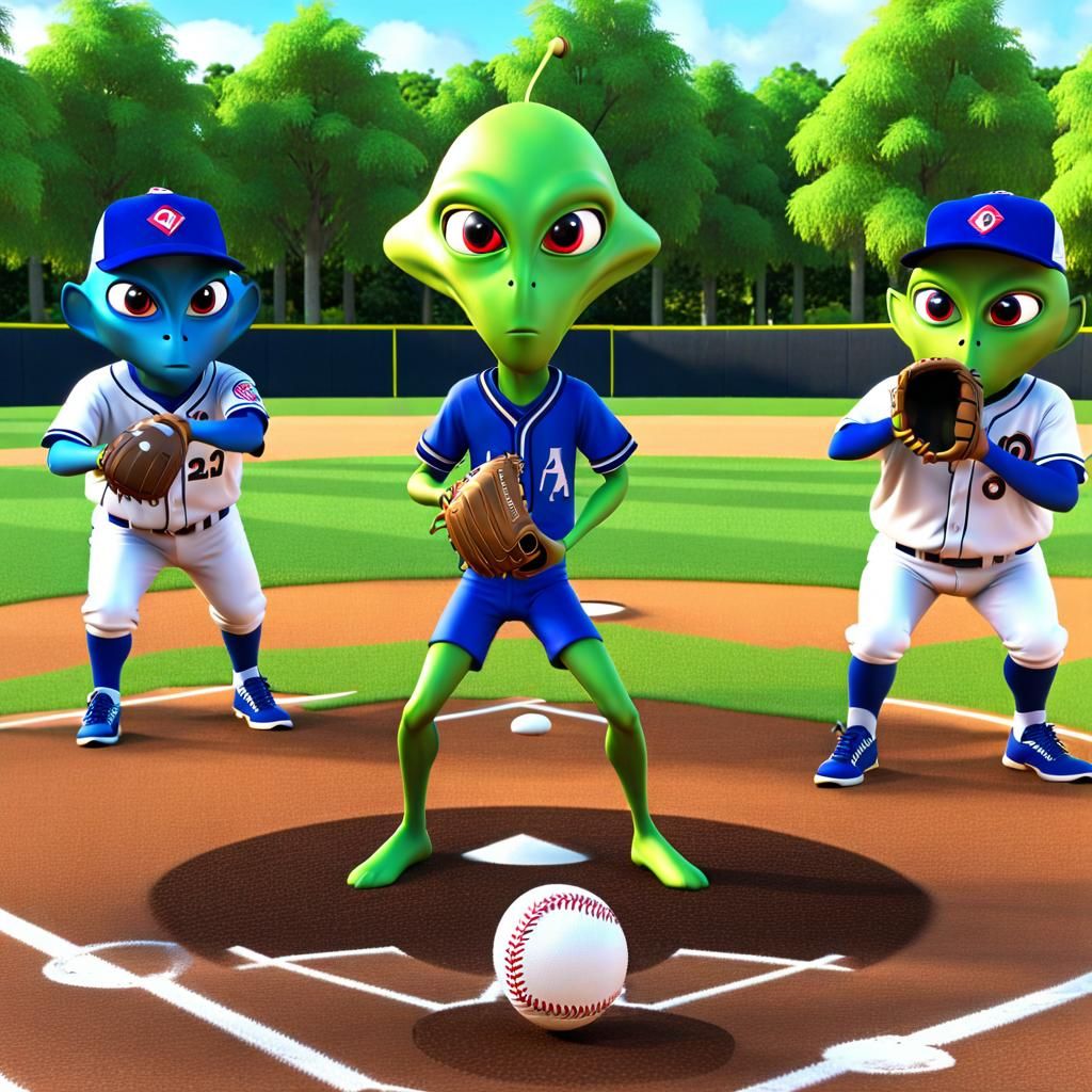 3d large eyed-alien team playing baseball at an outdoor simp...