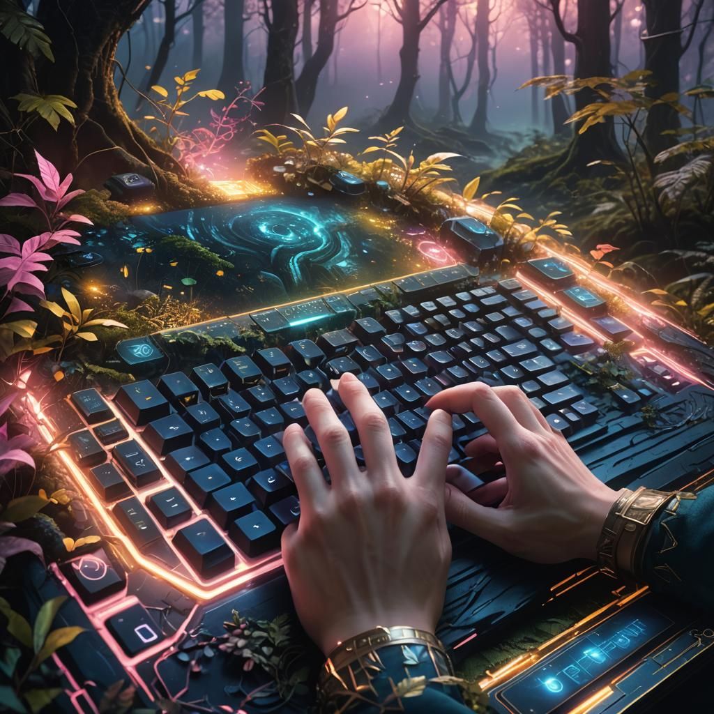 Futuristic Keyboard in Mystical Forest: Digital Matte Painti...