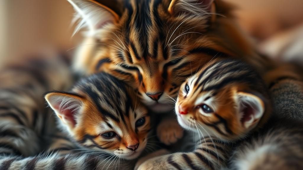 Maine cancun cat with her kittens. Close up portrait, ambient light, Nikon 15mm f/1.8G, by Lee Jeffries, Alessio Albi, A...