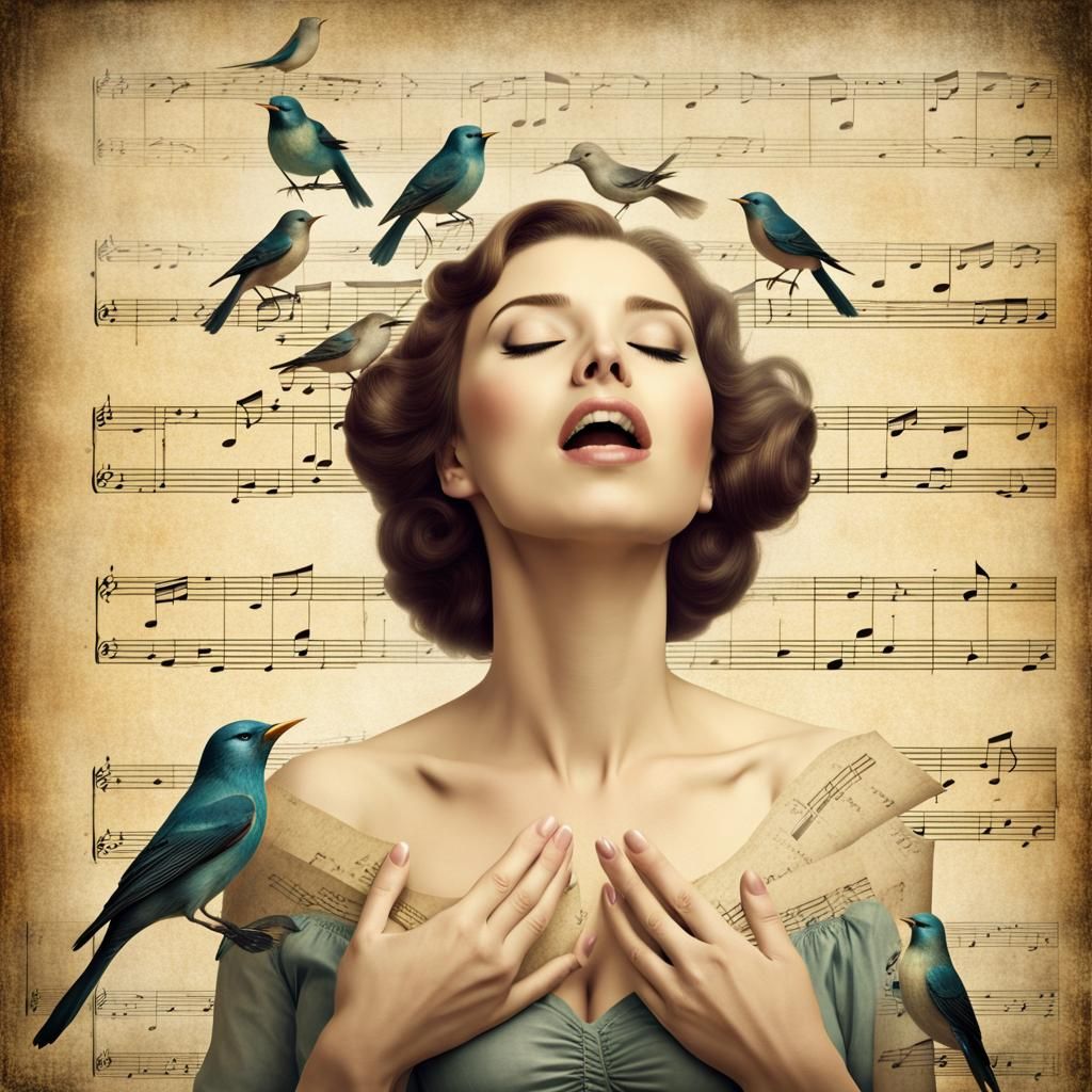 Beautiful woman singing with song birds, aged vignette music...