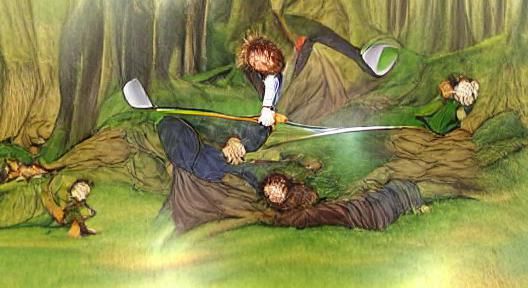 Frodo beating Boromir over the head with a club in a forest ...