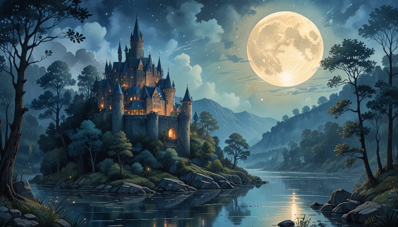 Fantasy Castle at Sunset in Watercolor Style