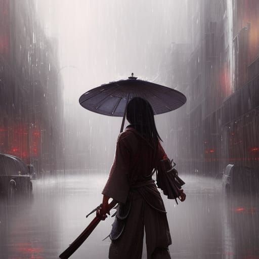 Samurai girl in the rain