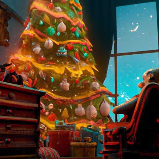 Waiting on Santa by the tree detailed matte painting, deep c...