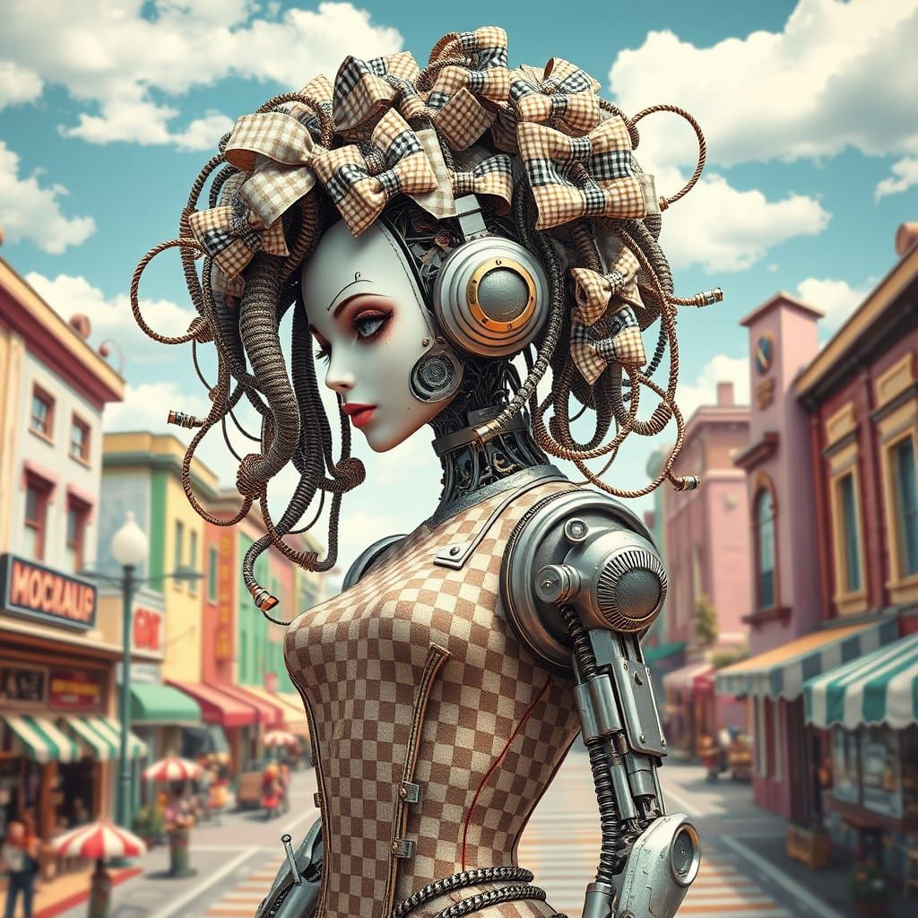 Retro-Futuristic Gingham Robot Goddess in Whimsical Dreamwor...