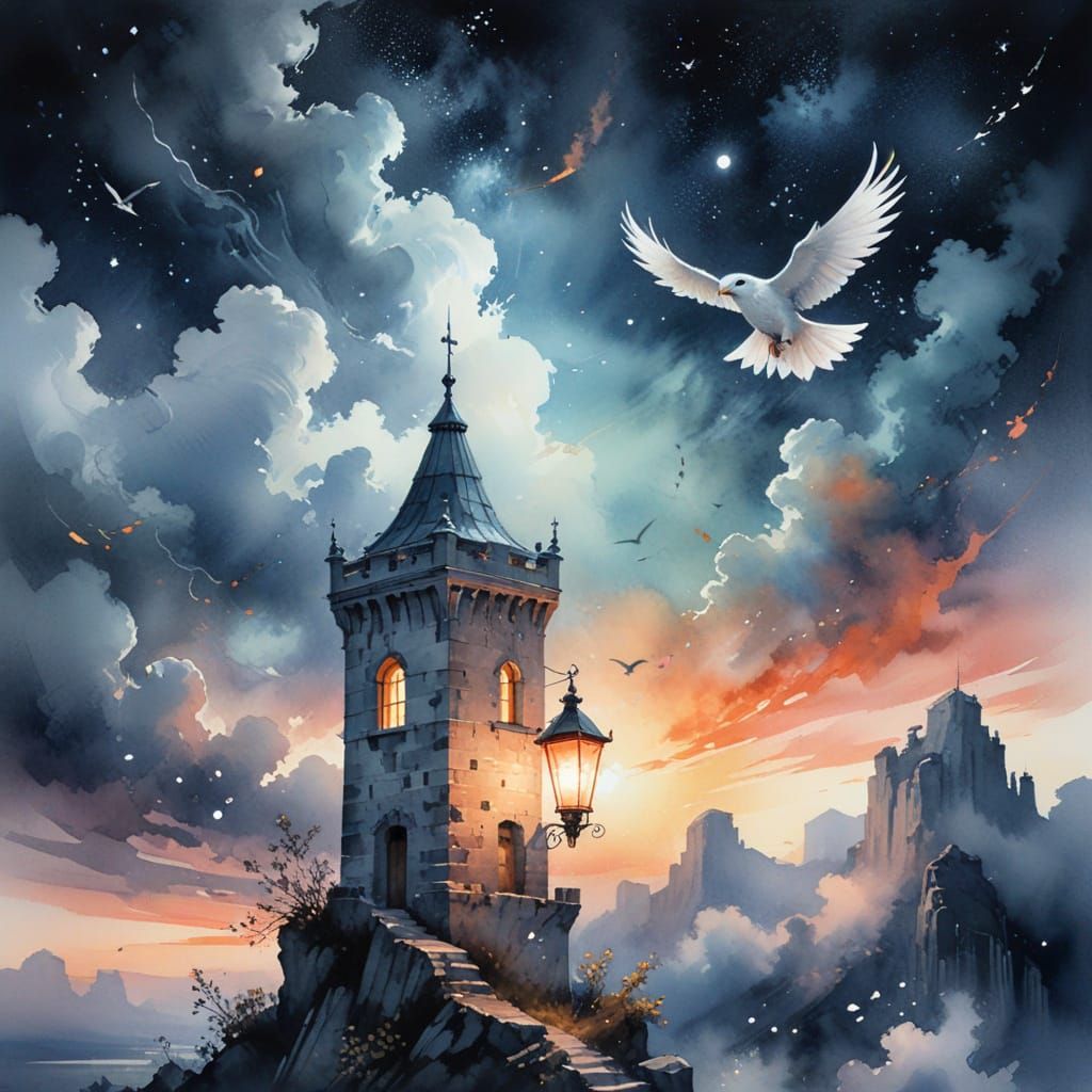 Silver Hawk Soaring by Ancient Tower in Watercolor