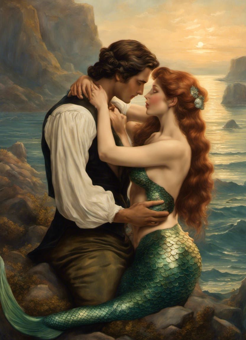 Beautiful young Victorian Mermaid embracing a shirtless huma...