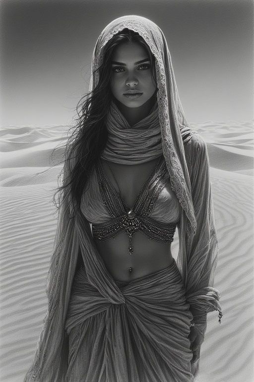 Arab Woman in Desert Dunes, Dramatic Lighting.
 This hyper-r...