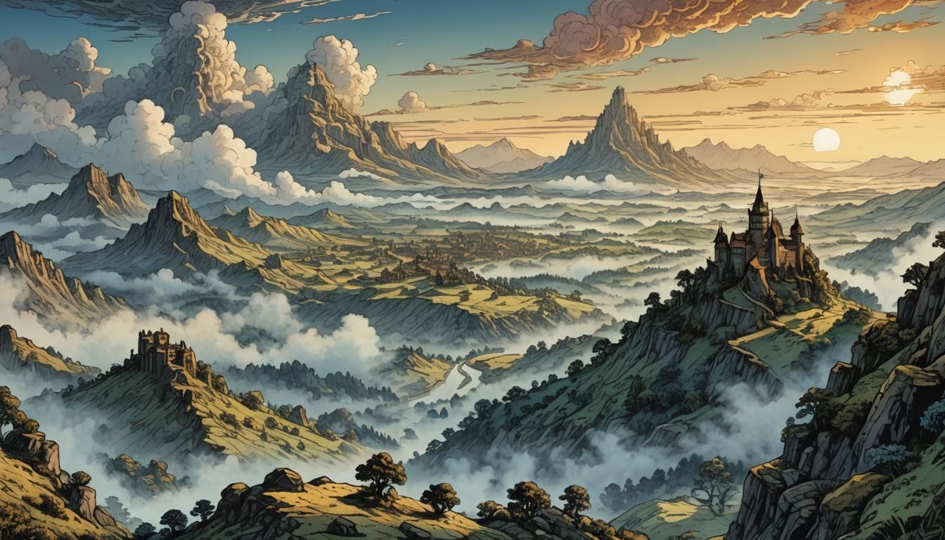 top of hill, valley, dawn, mist, exquisite view  by @Dim Vas