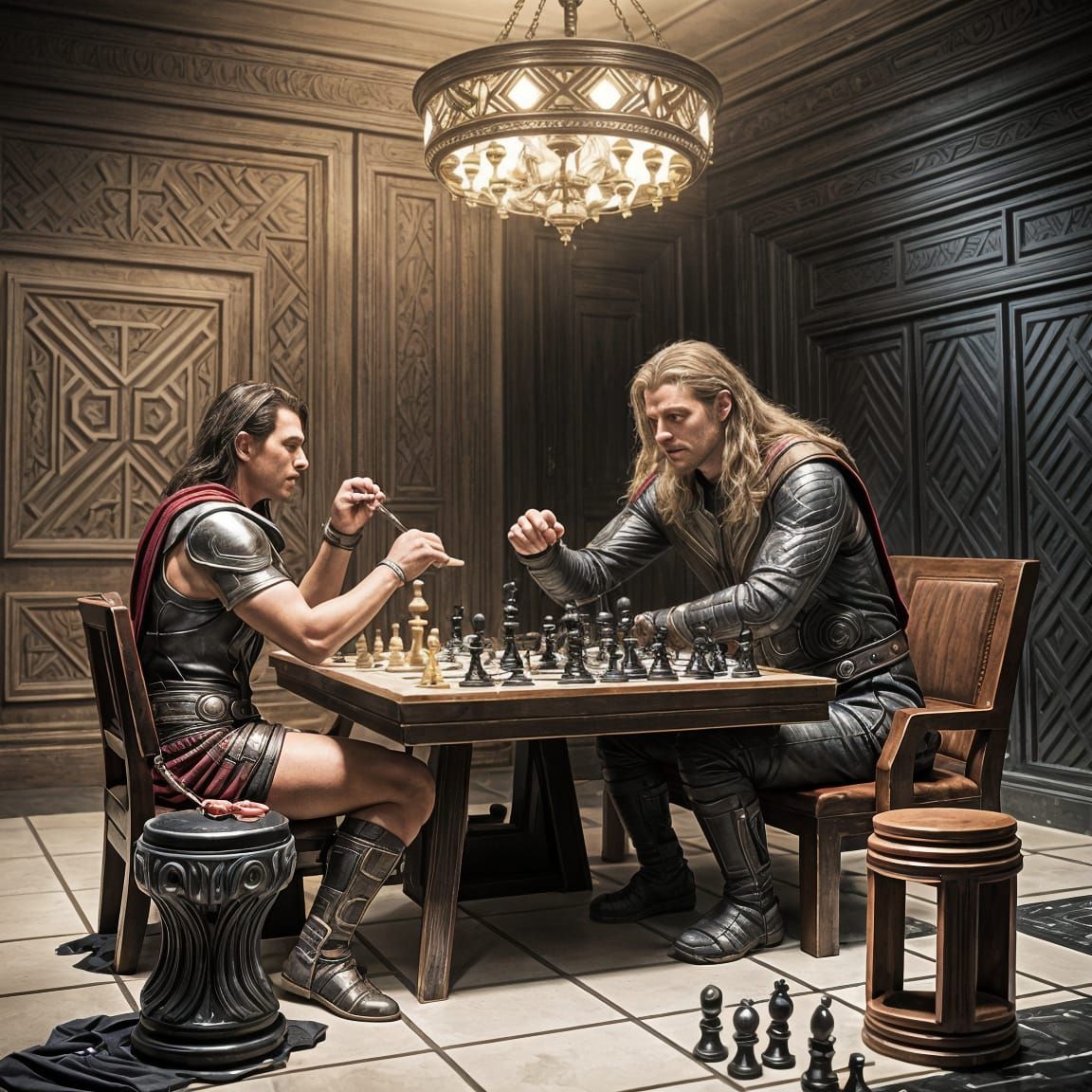 Marvel's Thor playing chess with an ivory and obsidian chess set against Marvel's Loki in the halls of Valhalla.