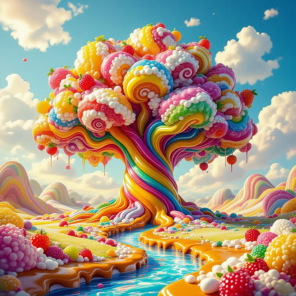 An ancient, colossal tree made entirely of swirling, multi-colored rock candy, its branches adorned with ...  by @Jessica Nicole