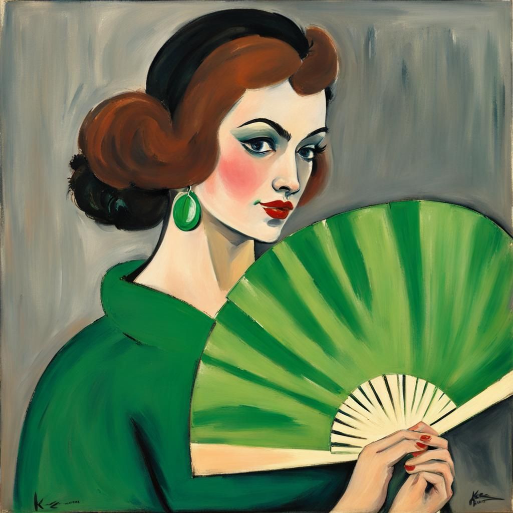 Woman with green fan