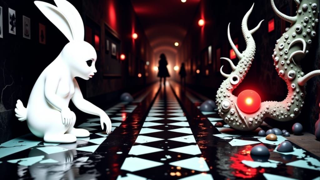 Alice Pursues Mutated Rabbit in Surreal Wonderland