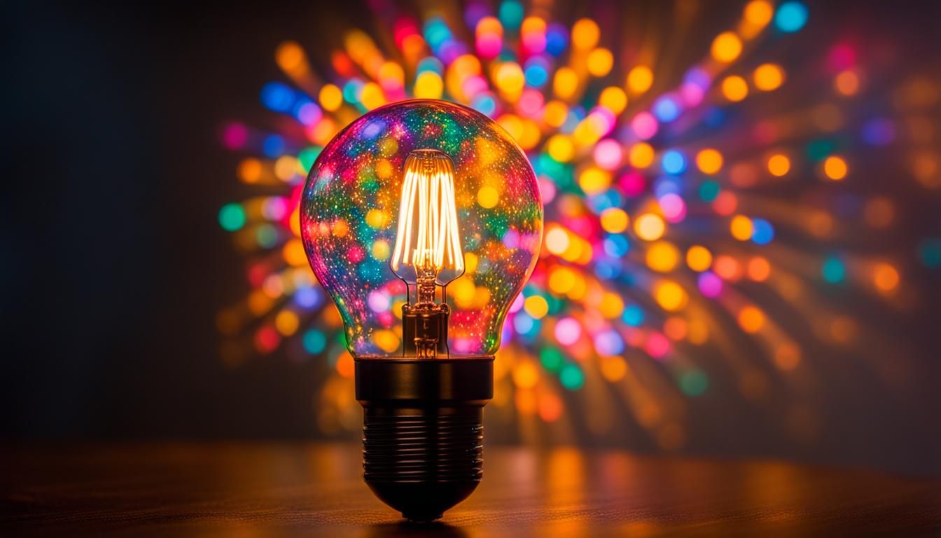 a colorful glowing idea bulb lamp, visualization of brainsto...