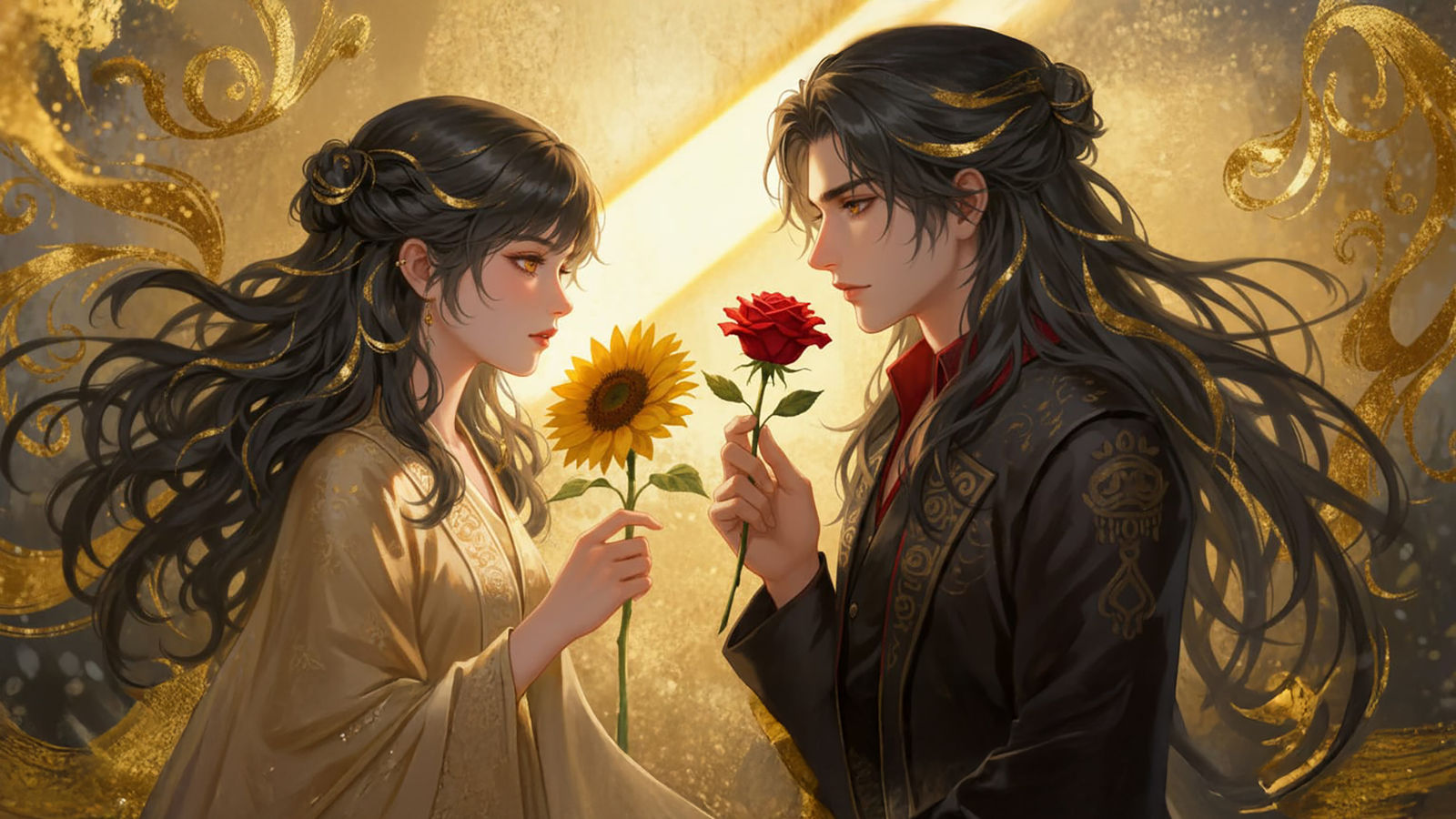 A woman and a man meet and exchange flowers!