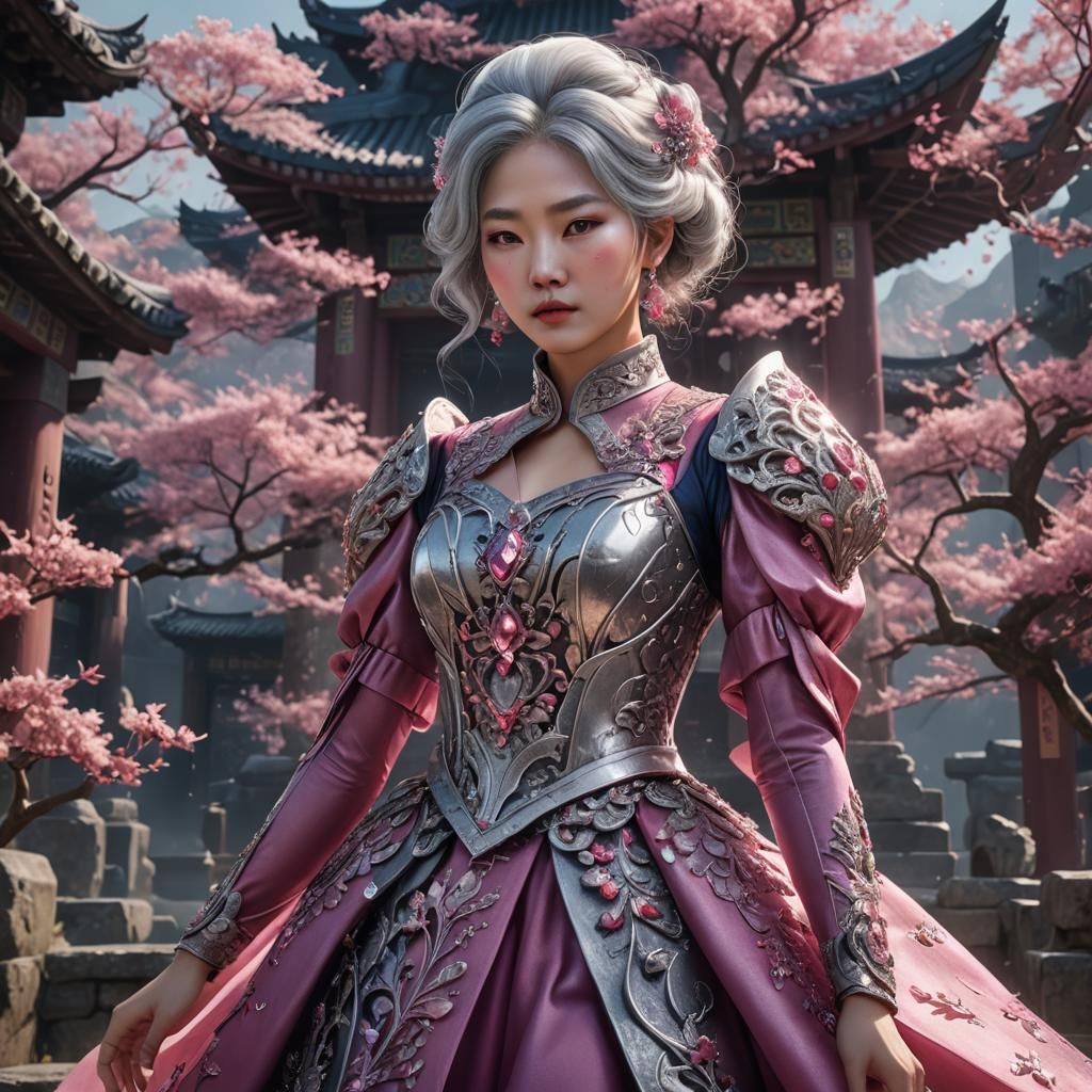 korean lady silver hair pink crystal dress